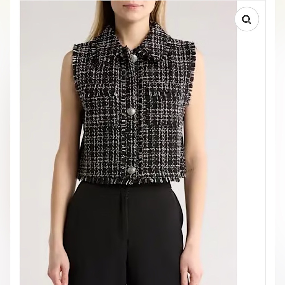 LAUNDRY by Shelli Segal Black Boucle Tweed Cropped Collared Vest